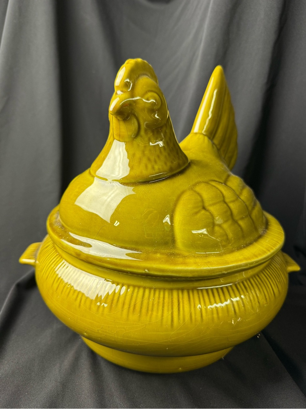 Chicken Nesting Hen Soup Tureen Olive Green Vintage Ceramic Serving Bowl